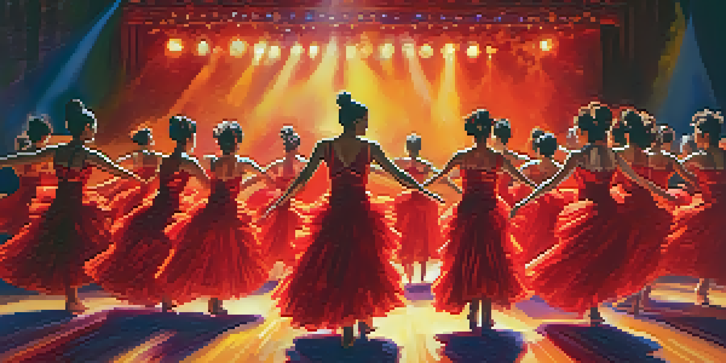 A group of dancers in bright red and orange costumes performing energetically on stage, with colorful spotlights illuminating the scene.