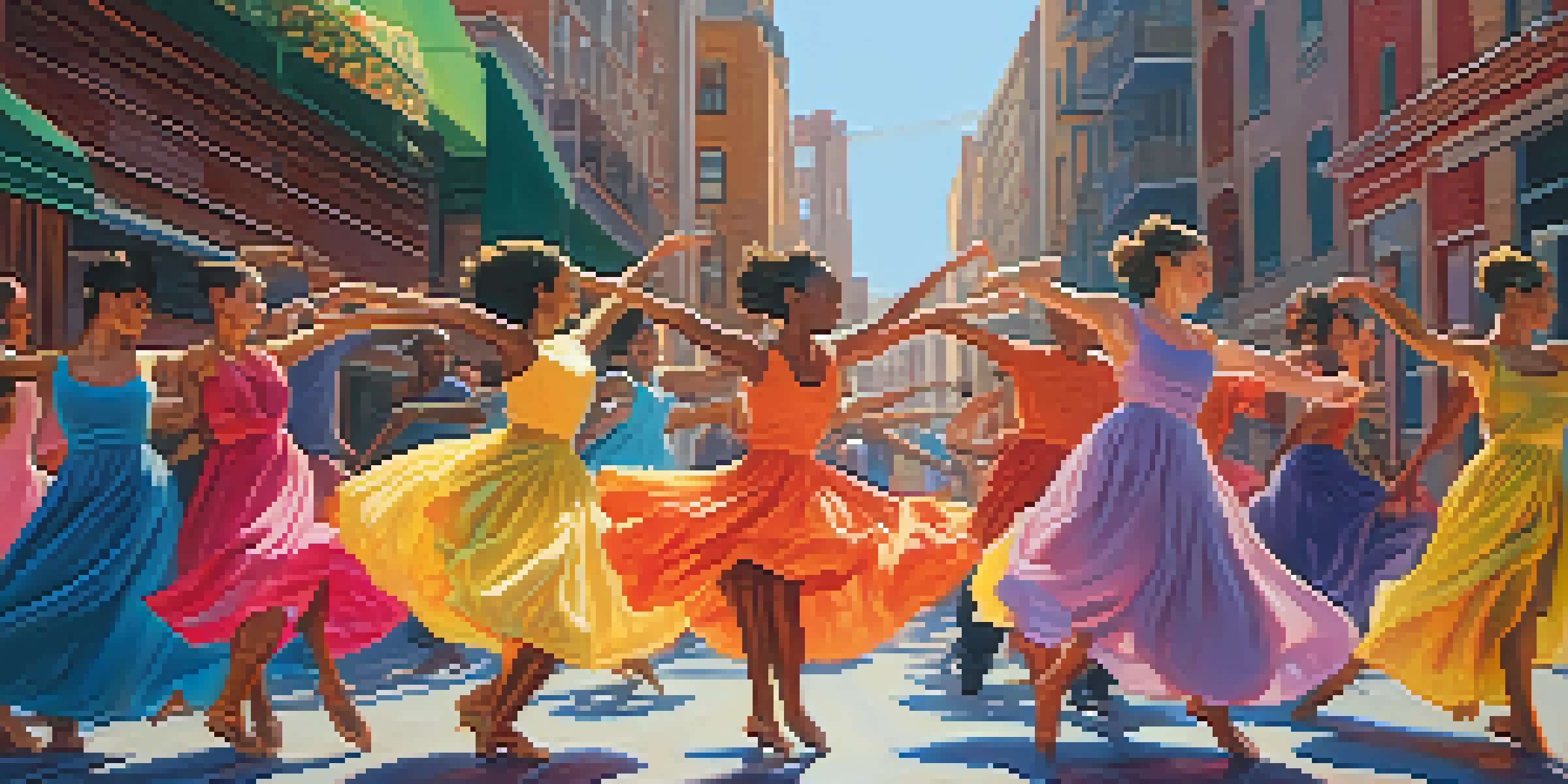 A vibrant group of dancers in colorful costumes performing in an urban setting during the evening, showcasing dynamic poses and expressions of joy.