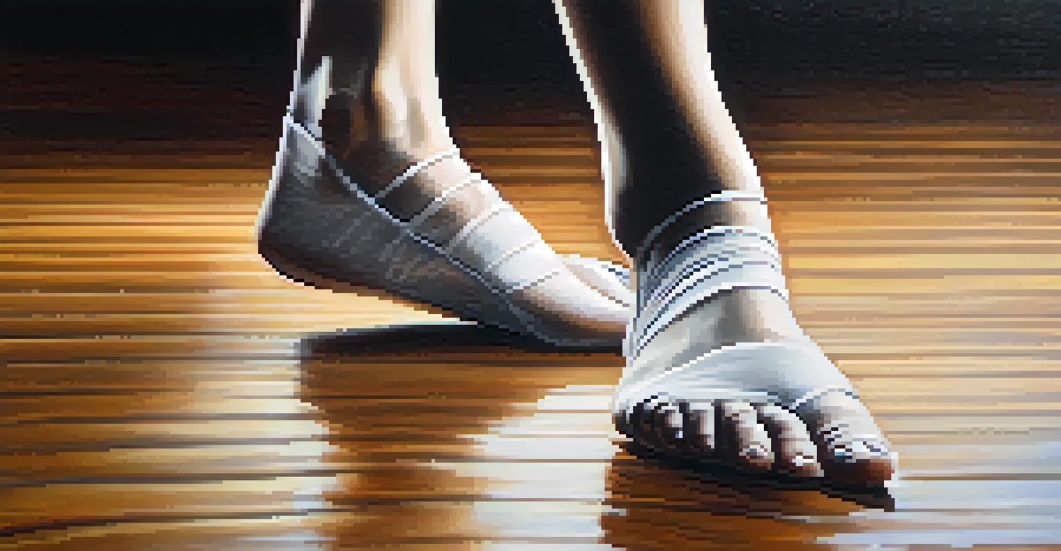 A close-up of a dancer's feet moving gracefully on a wooden floor, emphasizing mindful movement.