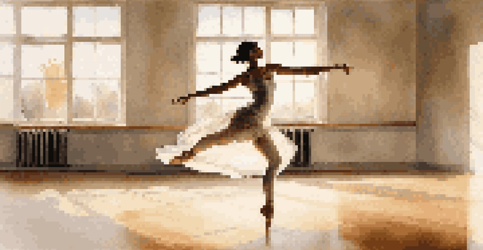 A contemporary dancer performing a leap in a sunlit studio, with flowing attire and wooden floors.