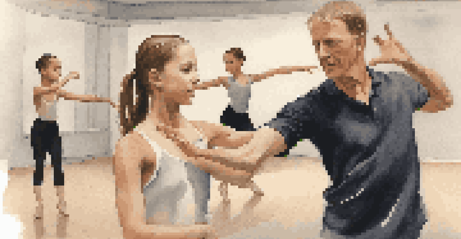 A mentor demonstrating a dance move to a young dancer in a well-lit studio, emphasizing their close relationship.