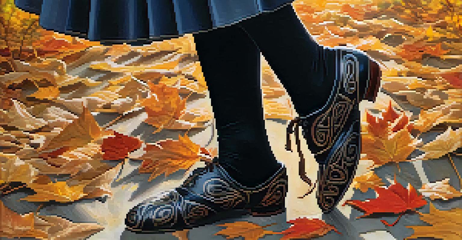 Close-up of a dancer's feet in traditional Celtic shoes, showcasing the grace and detail of the dance amidst autumn leaves.