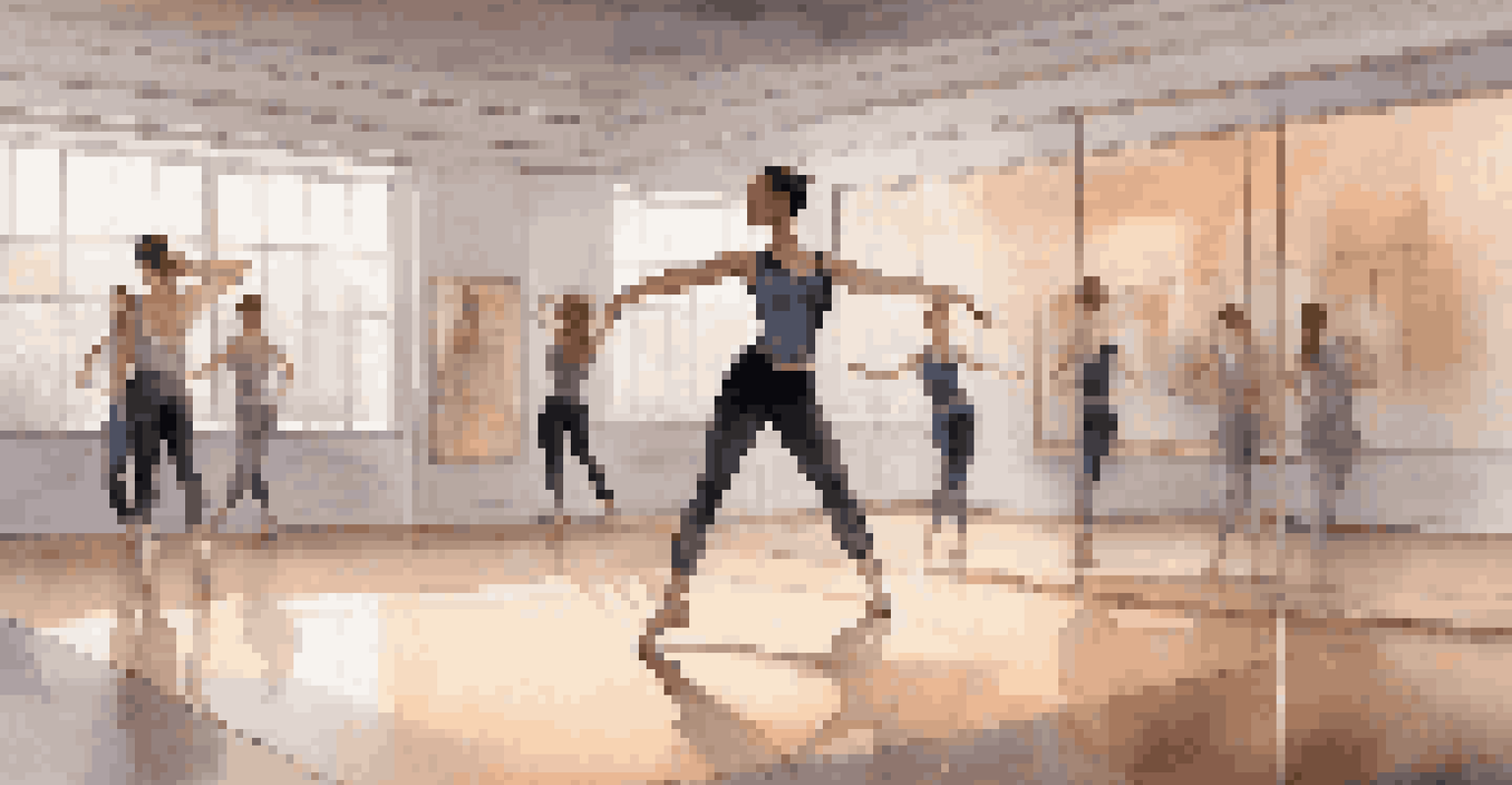 A dancer demonstrating a contemporary dance step in a stylish studio with a screen showing instructional videos.