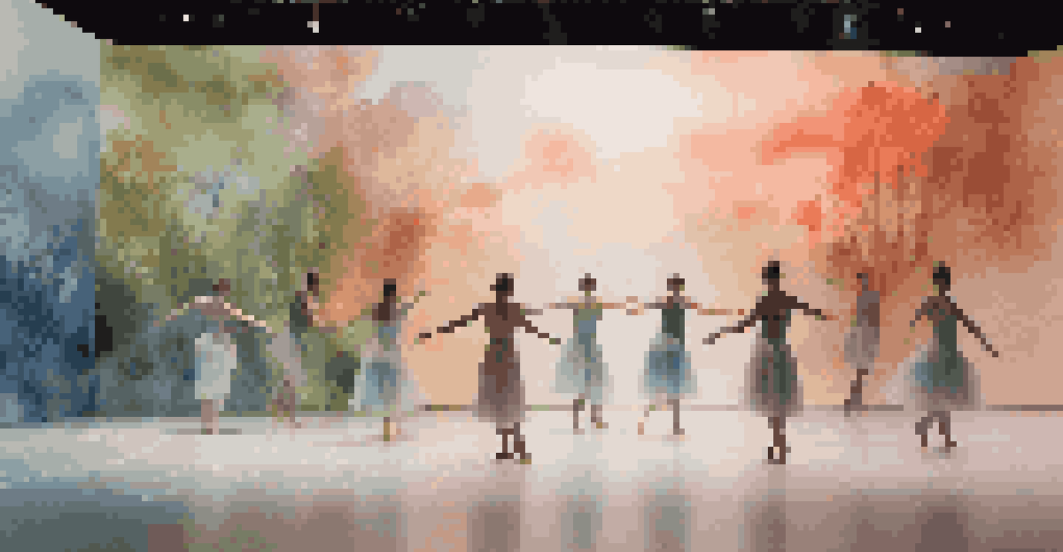 Contemporary dancers performing with projected landscapes of a forest and ocean, with the visuals enhancing the emotional depth of the performance.