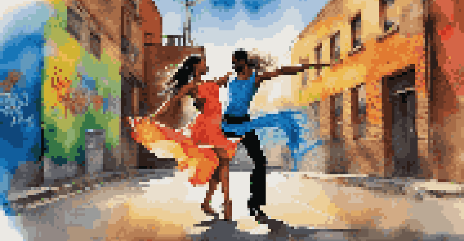 A male and female dancer performing salsa in an urban setting with colorful street art in the background, capturing their lively movements.