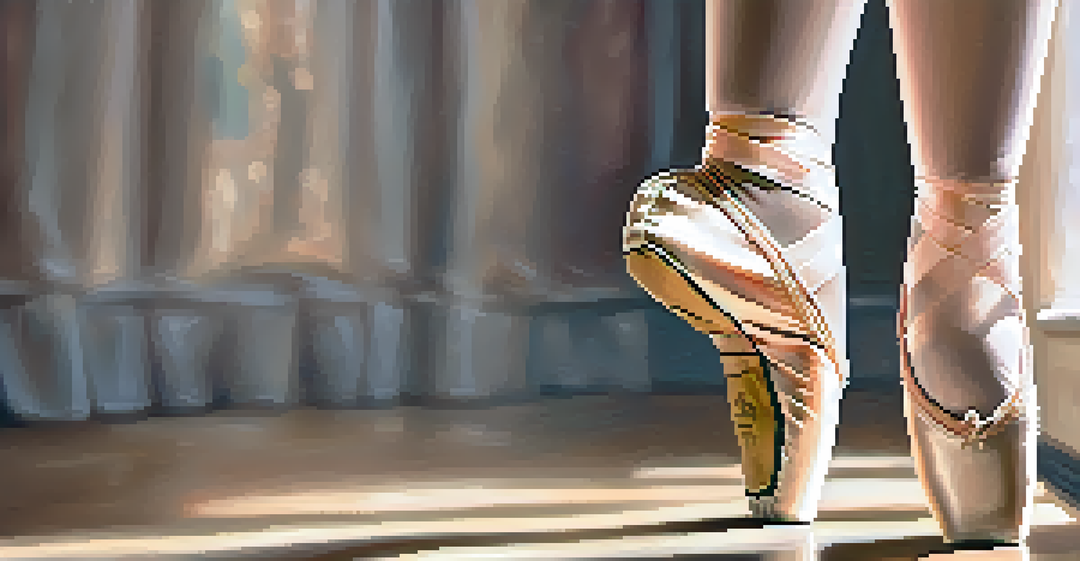 Close-up of a ballet dancer's feet in pointe shoes, highlighting the elegance and preparation for performance.