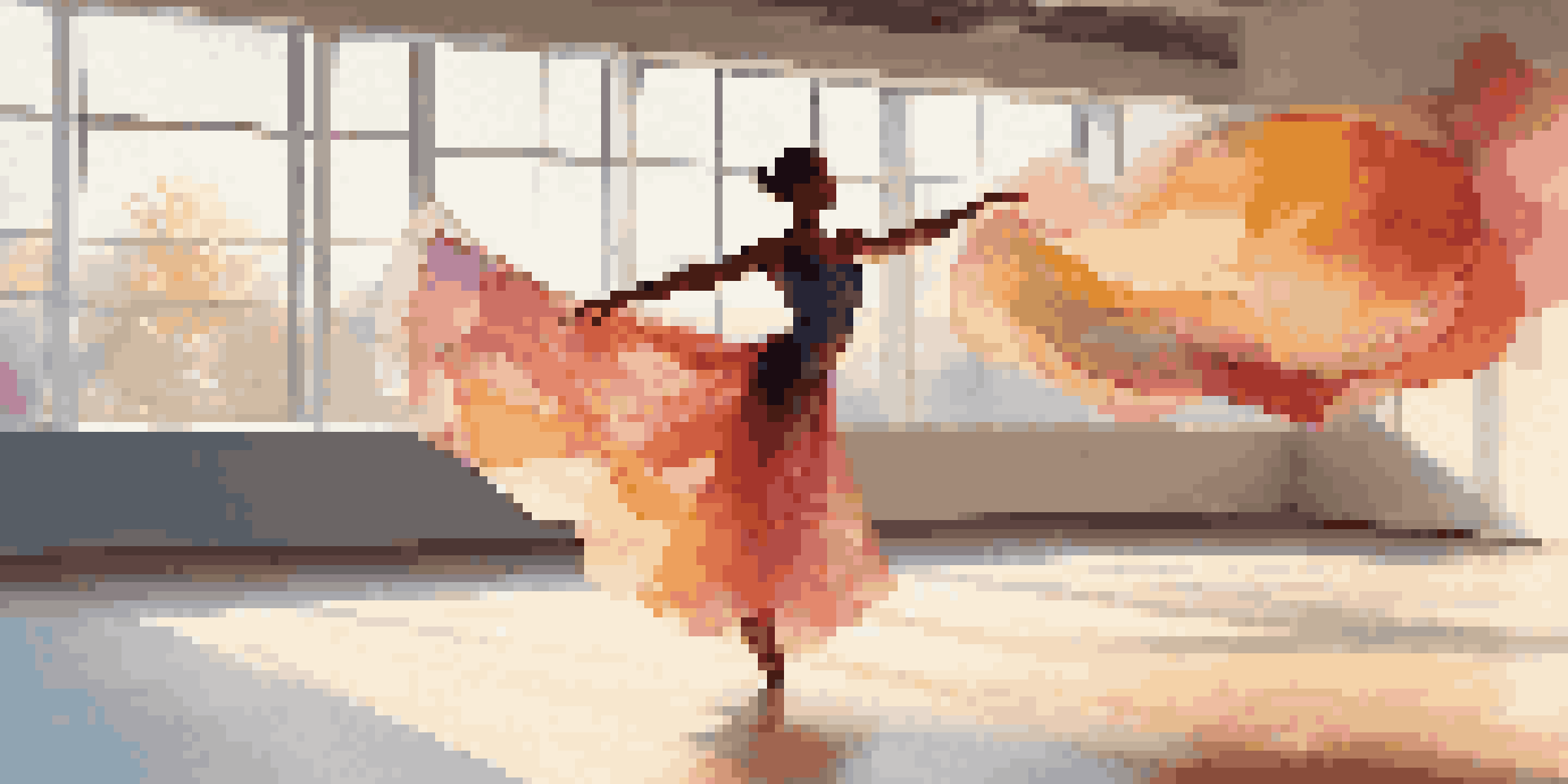 A dancer in a colorful costume performing in a studio with digital projections enhancing their movements.