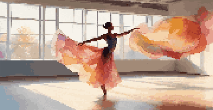 A dancer in a colorful costume performing in a studio with digital projections enhancing their movements.