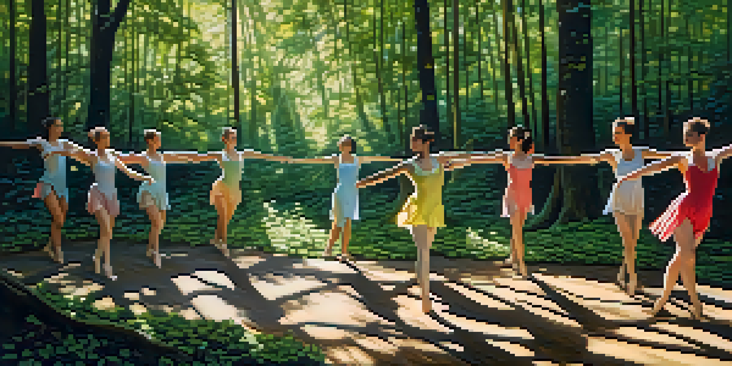 Dancers in a forest mimicking trees, with sunlight filtering through leaves.