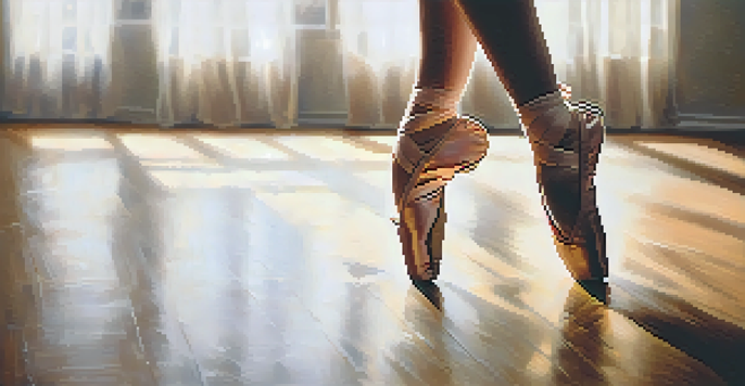 A close-up of ballet shoes on a wooden floor under a spotlight, showcasing the dancer's precise movements.