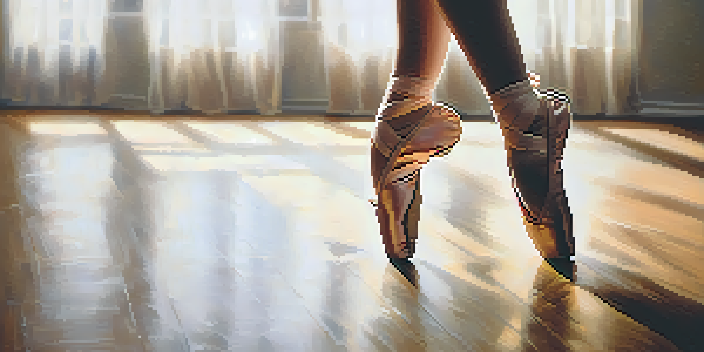 A close-up of ballet shoes on a wooden floor under a spotlight, showcasing the dancer's precise movements.