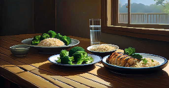 A nutritious pre-performance meal consisting of brown rice, grilled chicken, and steamed broccoli, set on a wooden table with soft lighting.
