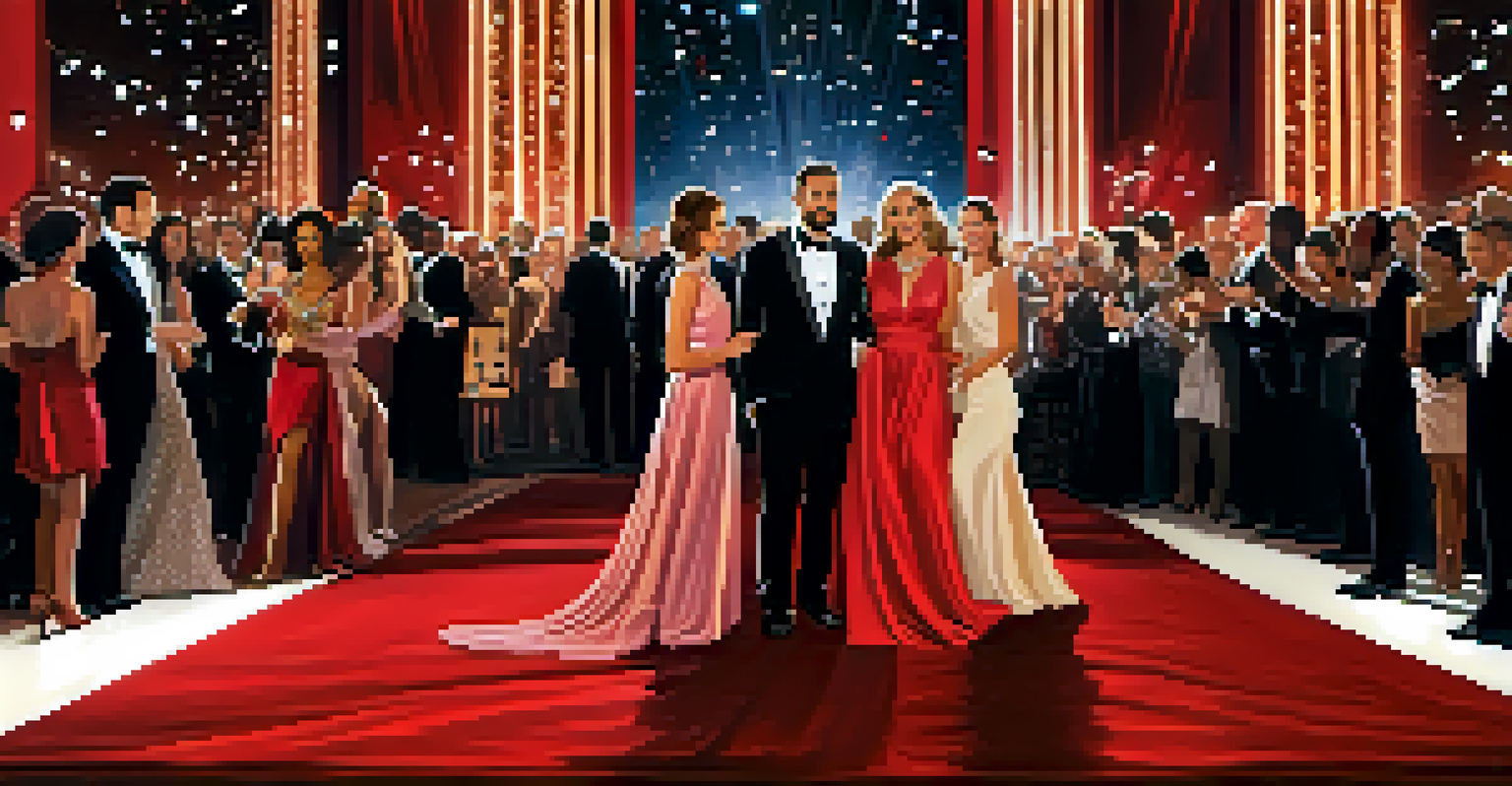 Celebrities on a red carpet, showcasing their glamorous outfits amidst bright lights and flashing cameras.