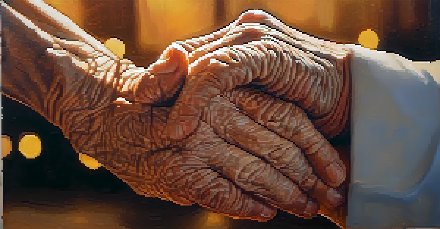 Close-up of elderly hands clasping each other while dancing, with a blurred warm background.