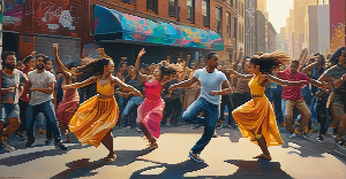 A group of diverse dancers performing passionately in an urban setting, surrounded by vibrant graffiti art, symbolizing unity and social protest.