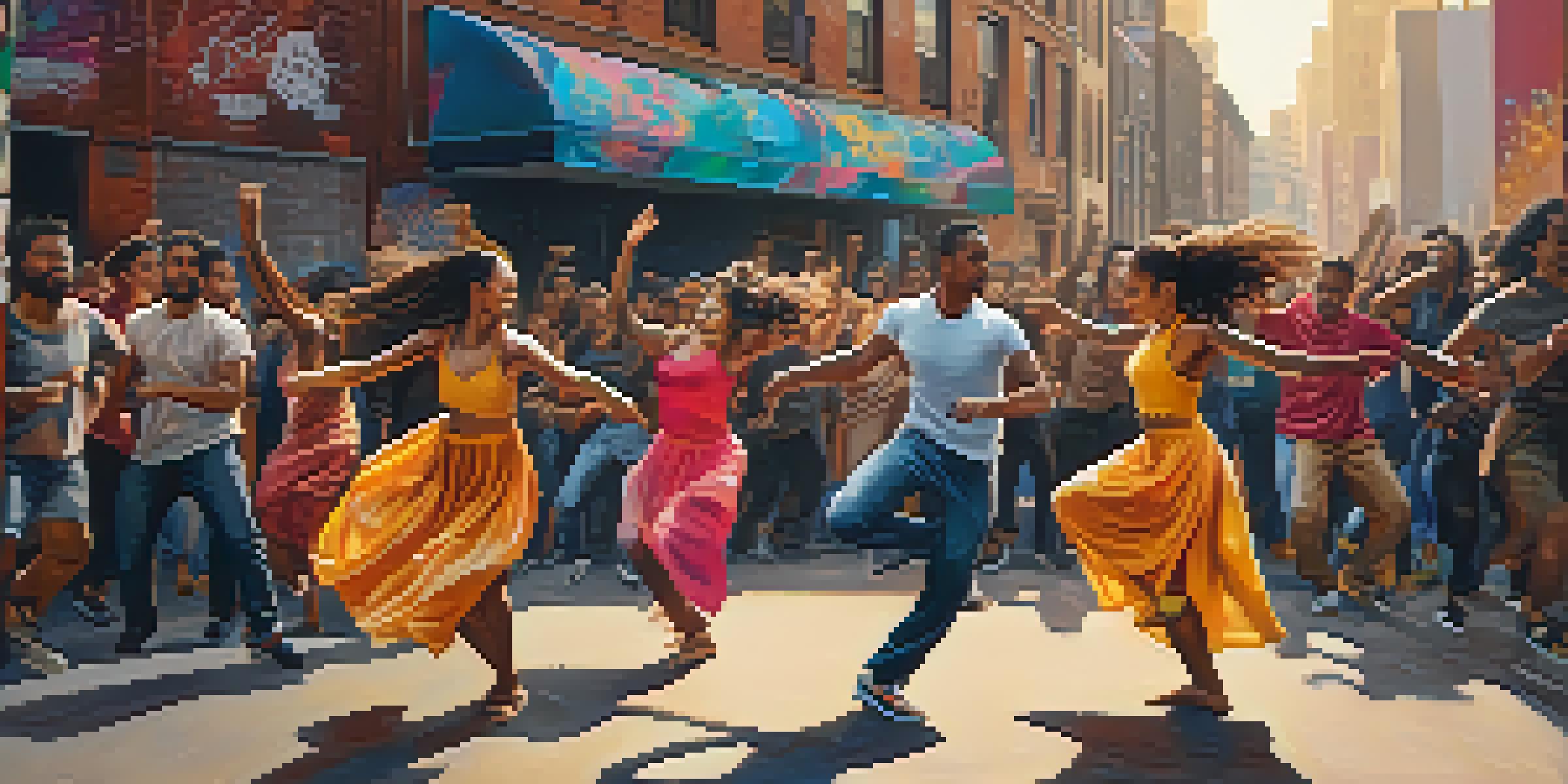 A group of diverse dancers performing passionately in an urban setting, surrounded by vibrant graffiti art, symbolizing unity and social protest.