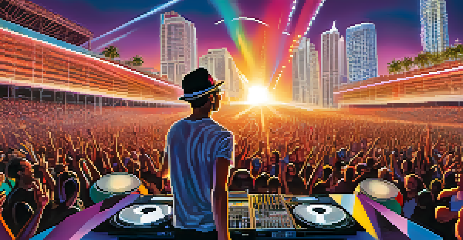 A DJ performing at Ultra Music Festival in Miami with a colorful light display and the Miami skyline in the background.