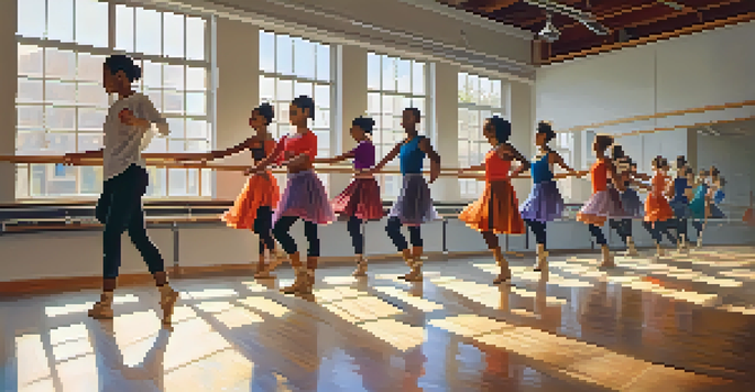 A bright dance studio with students practicing contemporary dance, surrounded by mirrors and natural light.