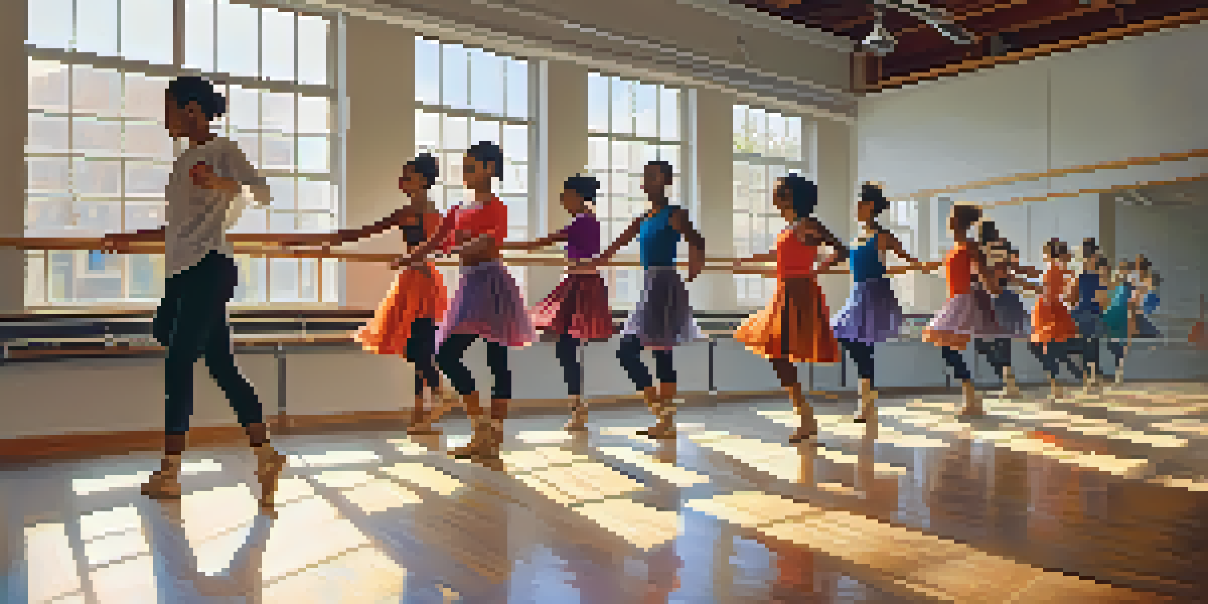 A bright dance studio with students practicing contemporary dance, surrounded by mirrors and natural light.