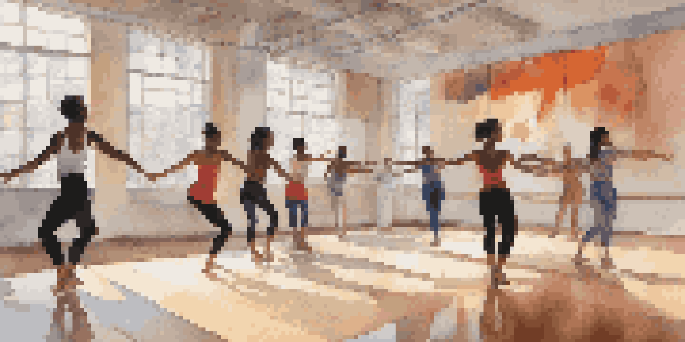 A diverse group of dancers collaborating in a sunlit dance studio, showcasing dynamic movements and creativity.