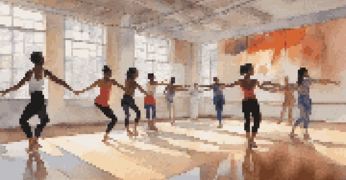 A diverse group of dancers collaborating in a sunlit dance studio, showcasing dynamic movements and creativity.