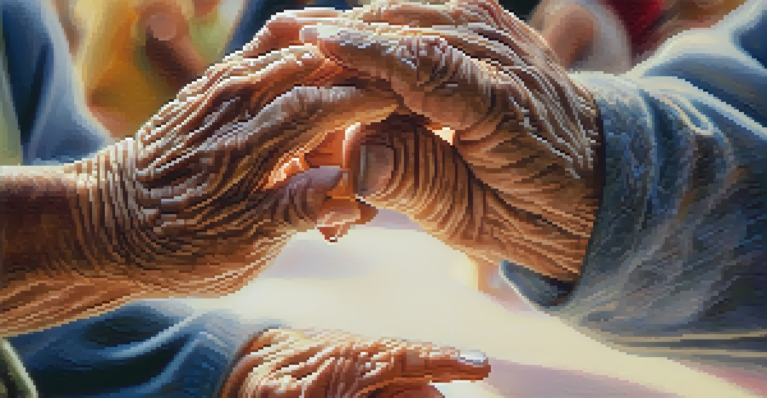 A close-up of two elderly hands clasped together while dancing, highlighting the details of their skin and joyful atmosphere in the background.