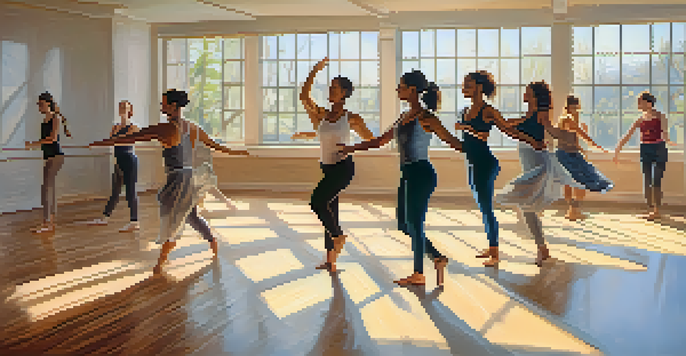 A bright and calming dance therapy session with diverse participants expressing themselves through movement in a sunlit studio.