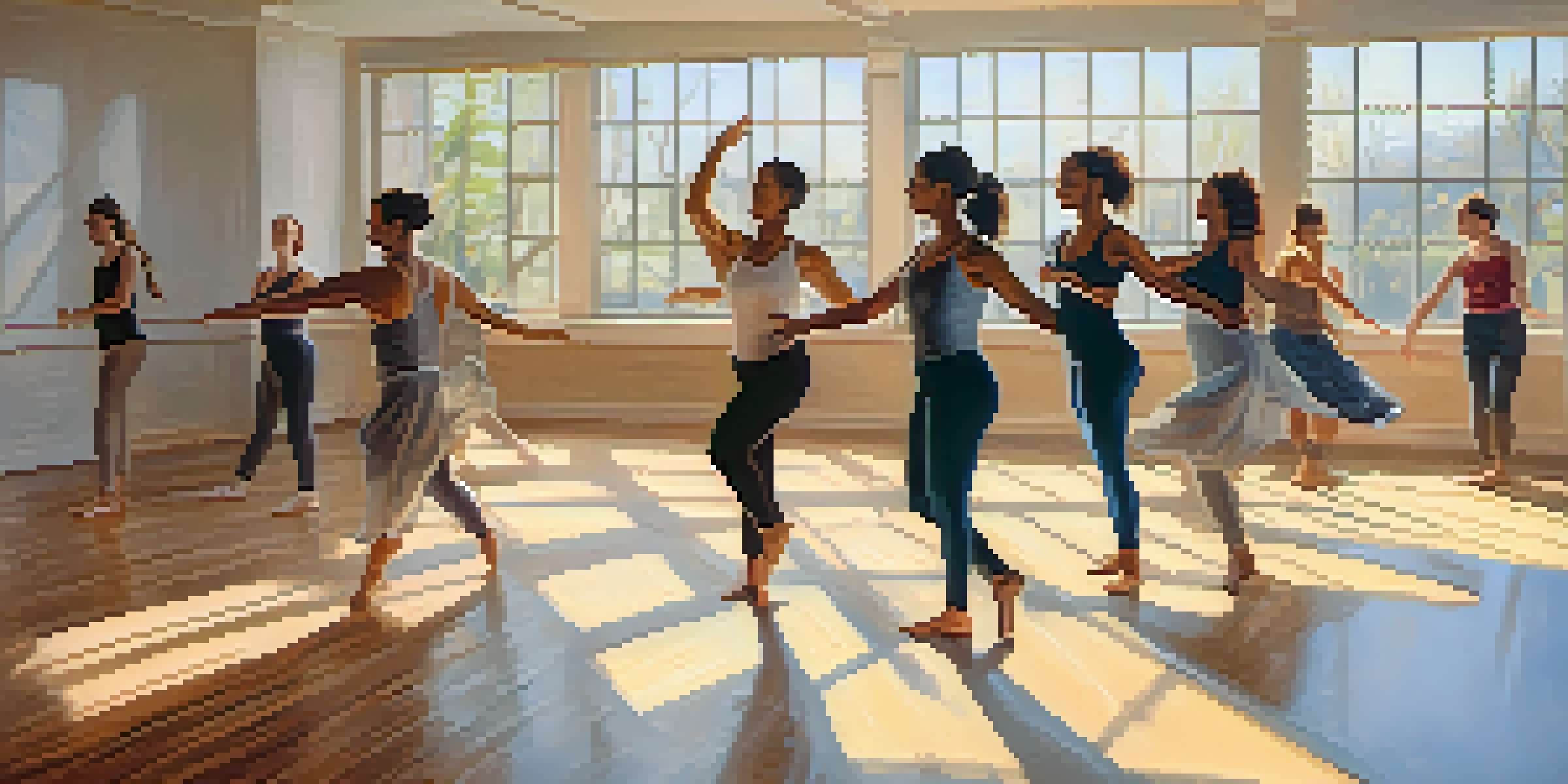 A bright and calming dance therapy session with diverse participants expressing themselves through movement in a sunlit studio.