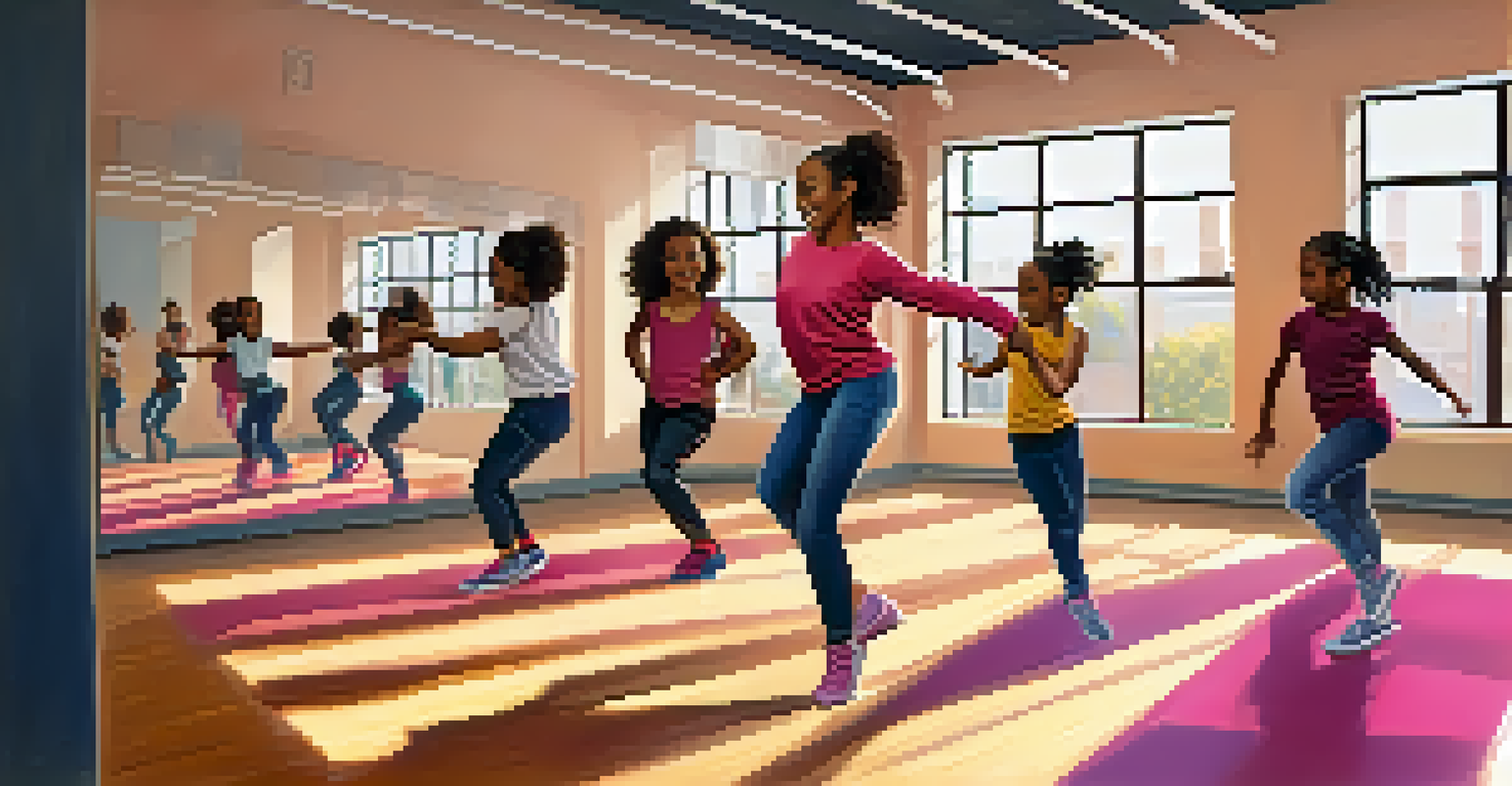 A female street dancer teaching young girls in a dance studio, creating an atmosphere of empowerment and creativity.