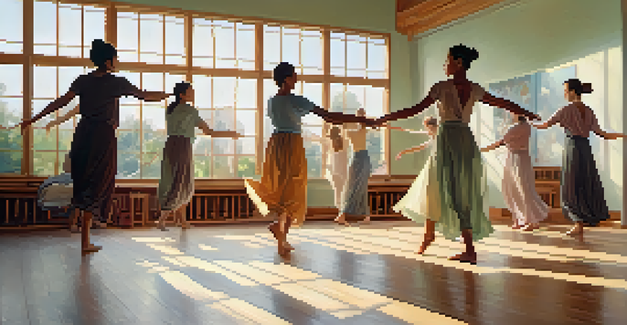 A diverse group of individuals participating in a dance movement therapy session in a sunlit studio, expressing themselves through movement.