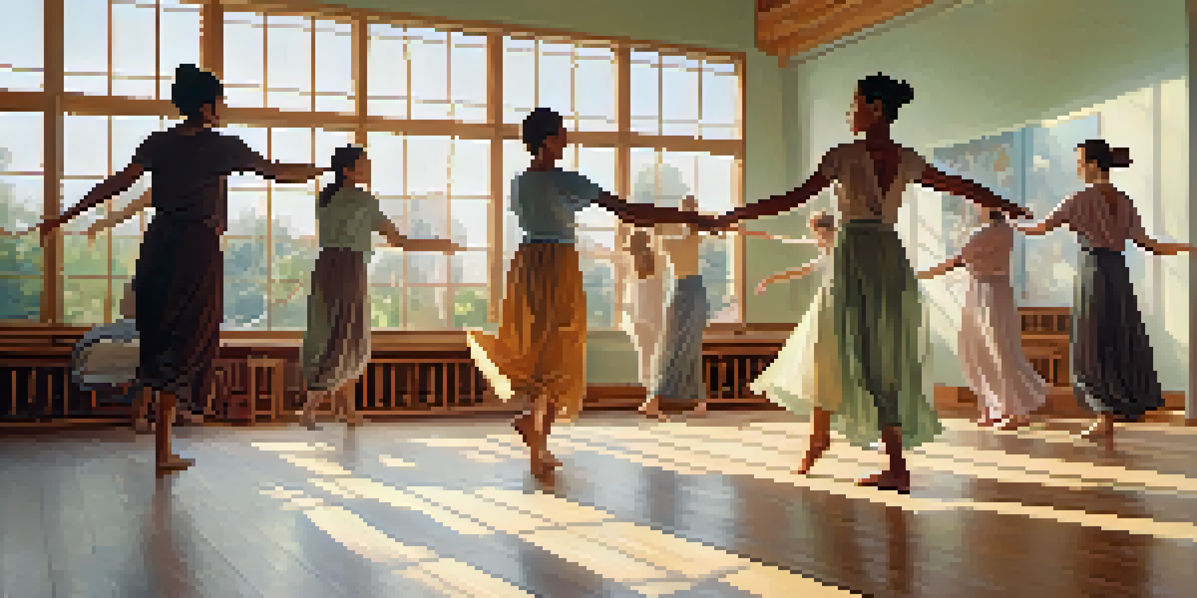 A diverse group of individuals participating in a dance movement therapy session in a sunlit studio, expressing themselves through movement.