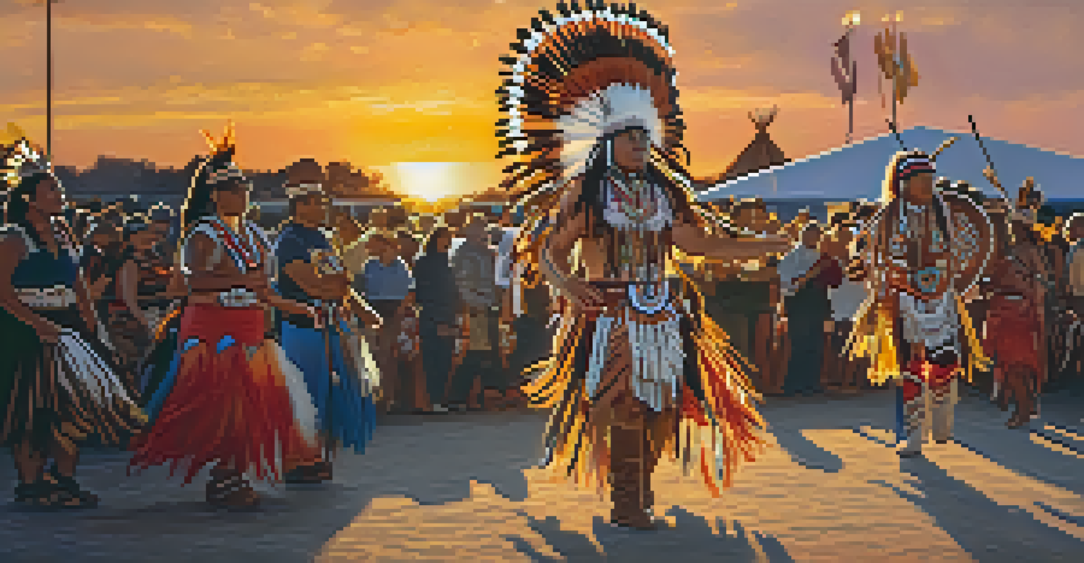 Indigenous dancers in colorful regalia performing at sunset during a powwow, with a crowd in the background.