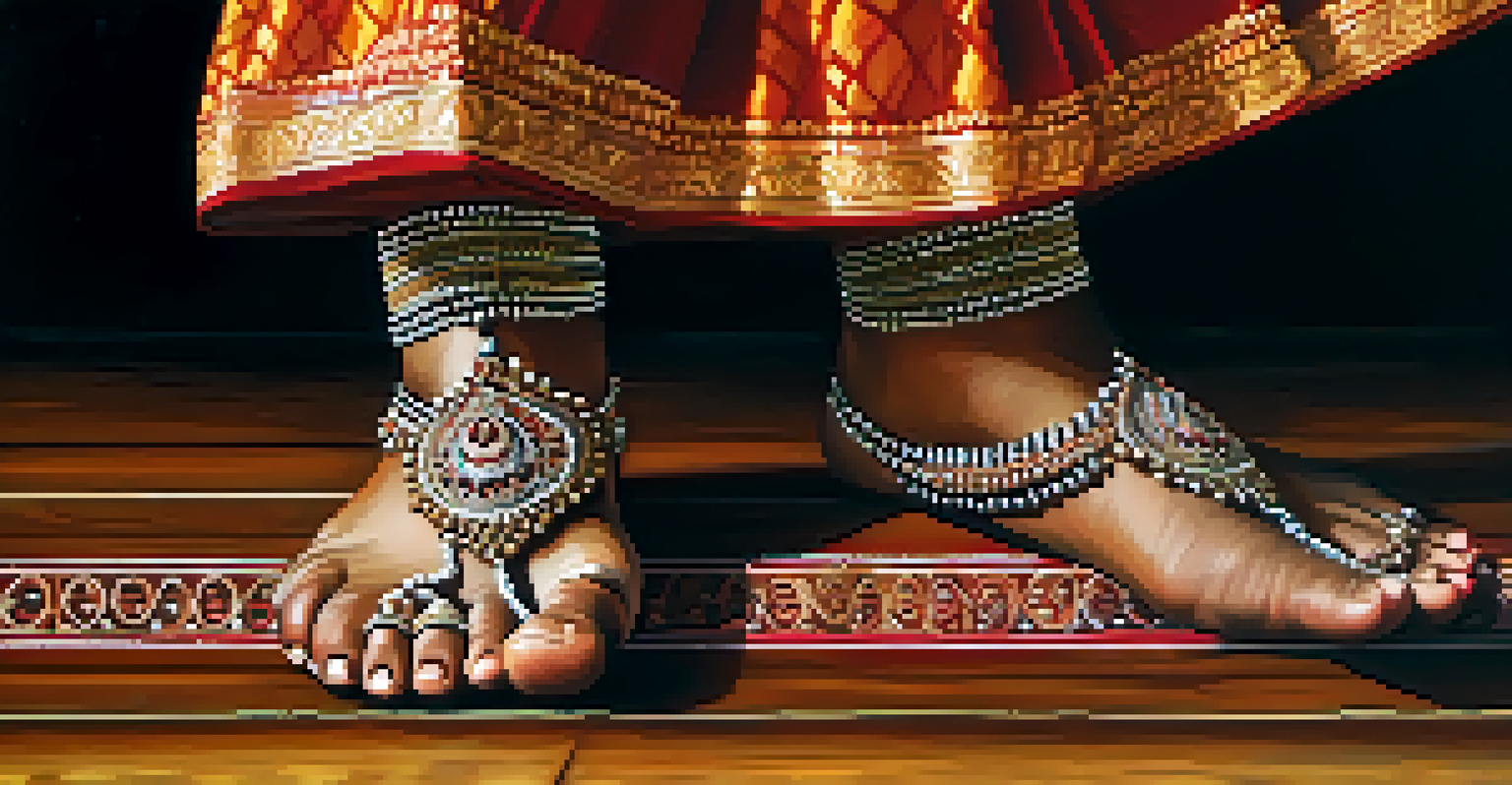 Close-up of a Bharatanatyam dancer's feet with anklets performing intricate footwork.