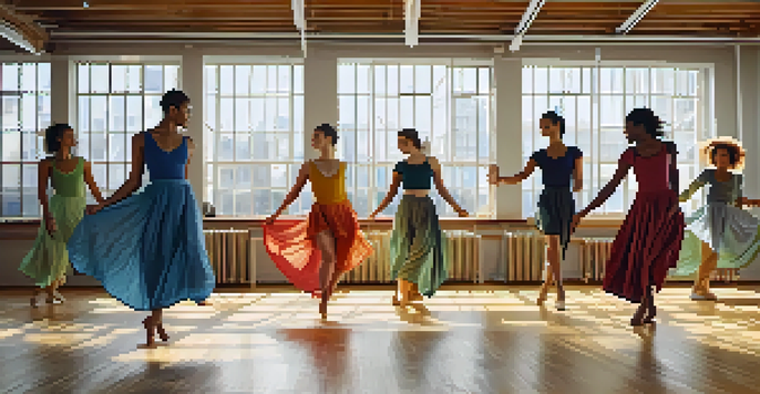 A lively dance rehearsal in a sunlit studio with dancers in eco-friendly costumes made from organic fabrics, showcasing dynamic movements.