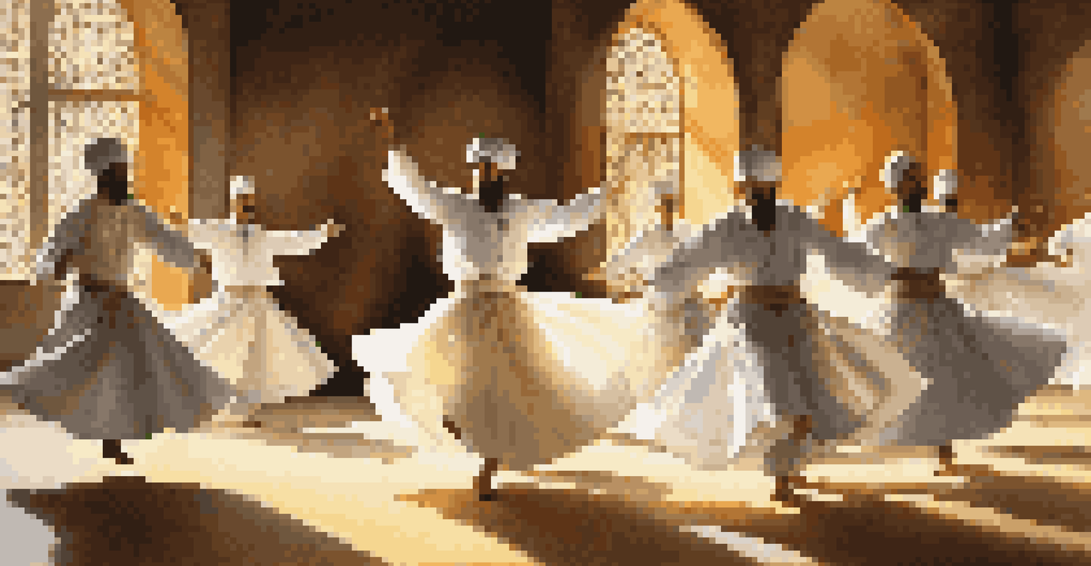 Sufi whirling dervishes spinning gracefully in soft lighting, wearing flowing white robes.