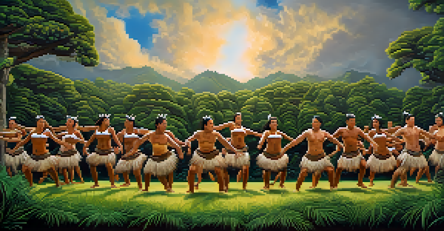 A group of Māori dancers performing Haka with intense expressions and strong movements in a green landscape.