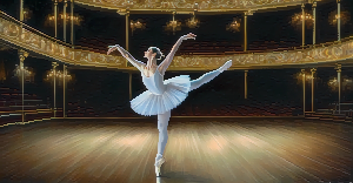 A ballet dancer in a white tutu performing an arabesque under warm spotlighting on a theater stage.