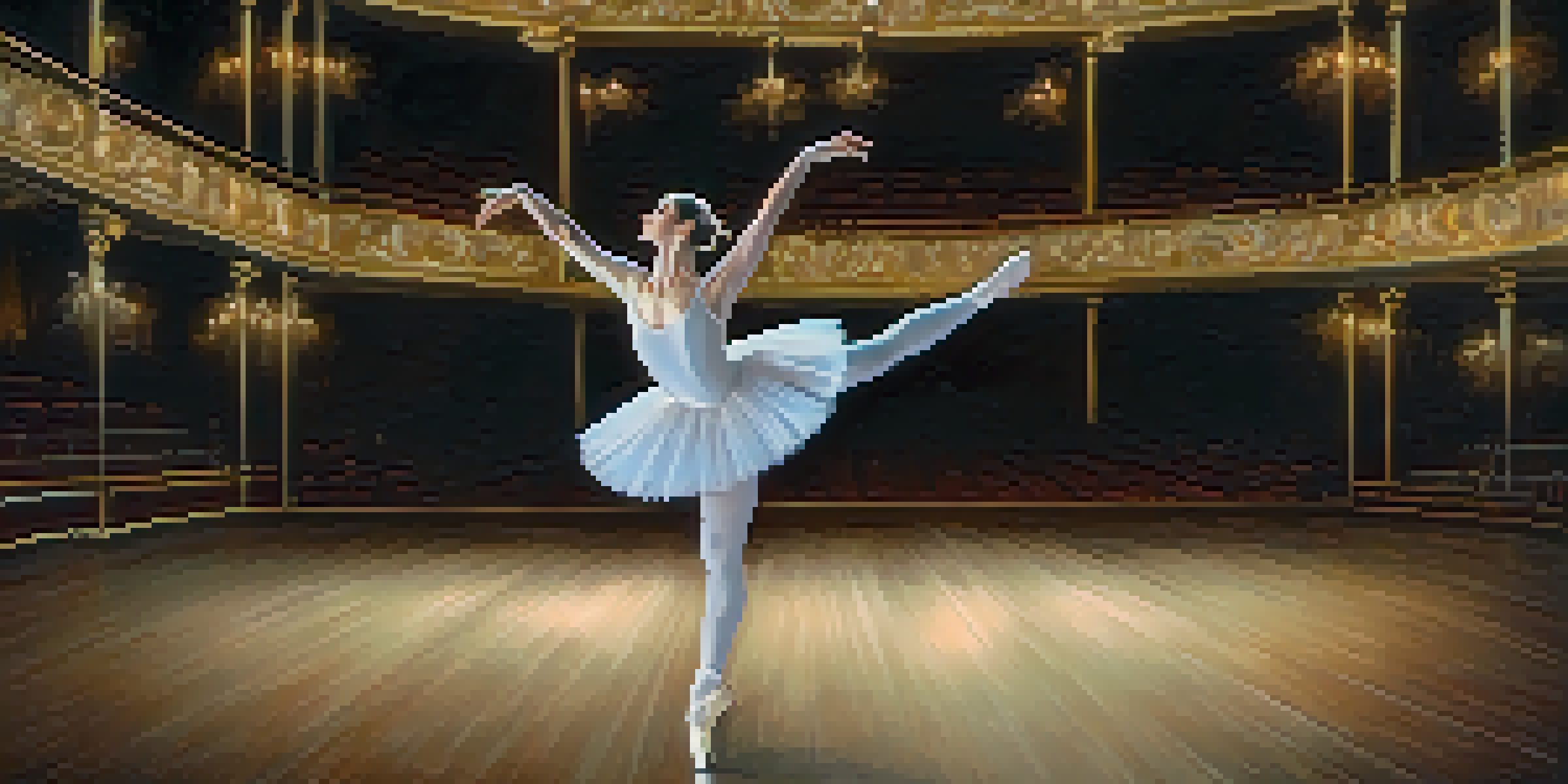 A ballet dancer in a white tutu performing an arabesque under warm spotlighting on a theater stage.