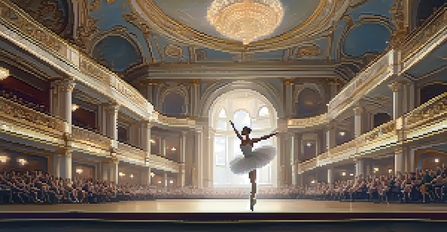 A ballerina in a white tutu performing mid-leap in a grand theater, illuminated by soft warm lighting with an engaged audience in the background.