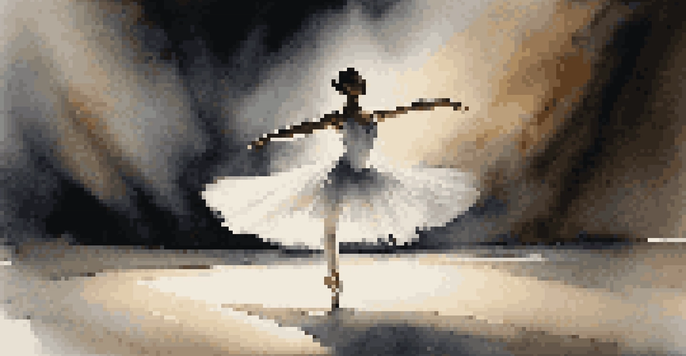 A ballet dancer in a white tutu performing on stage, illuminated by soft spotlight, with a dark audience in the background.