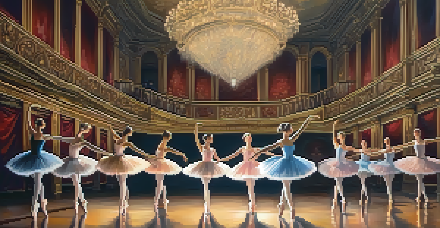 Ballet dancers performing in a grand theater, illuminated by soft lighting with an ornate backdrop.