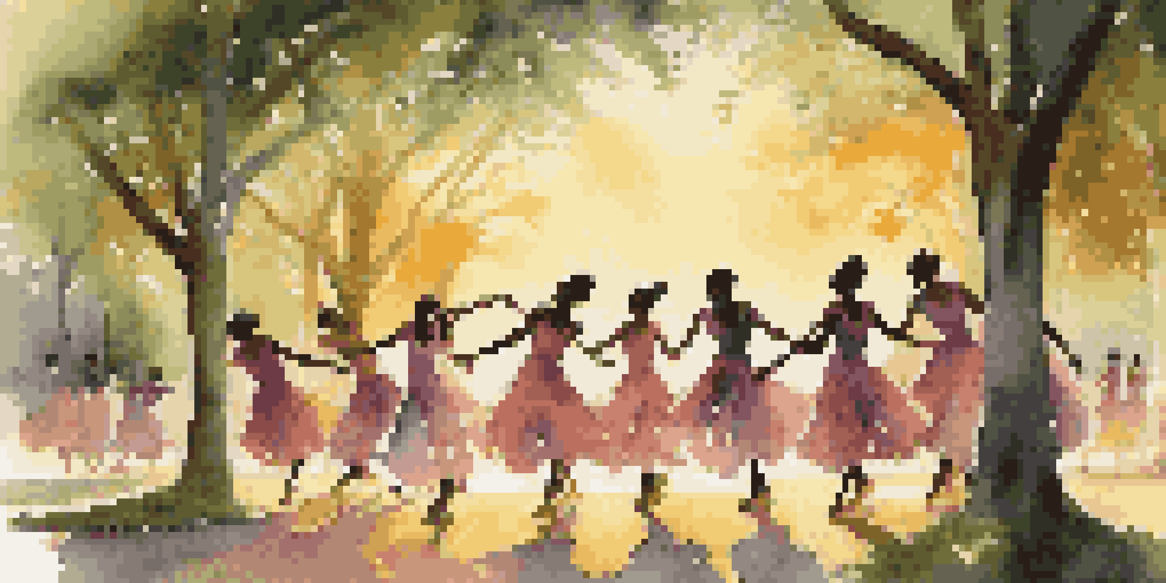 Dancers performing outdoors at sunset, surrounded by trees, capturing the beauty of movement in nature.