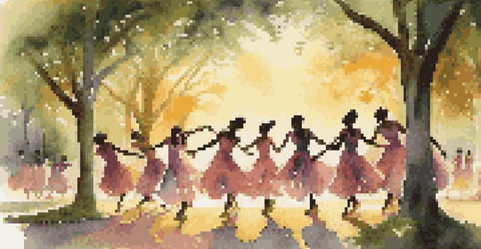 Dancers performing outdoors at sunset, surrounded by trees, capturing the beauty of movement in nature.