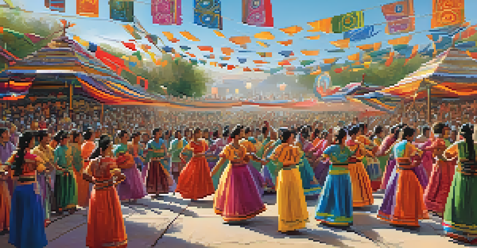 An outdoor cultural dance festival featuring dancers in traditional attire, colorful costumes, and a joyful audience.