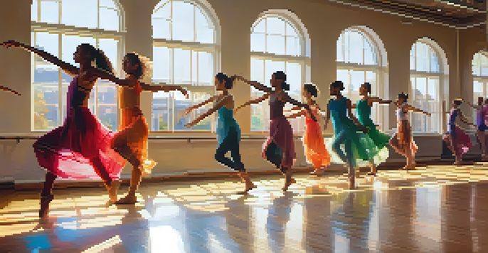 A bright dance studio with diverse dancers in colorful outfits expressing emotions through dance movements.