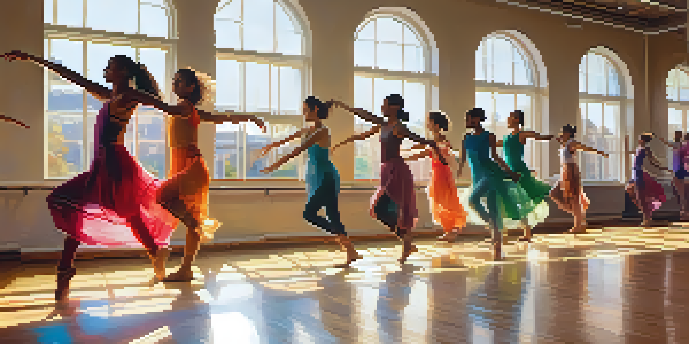 A bright dance studio with diverse dancers in colorful outfits expressing emotions through dance movements.