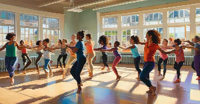 A diverse group of people dancing together in a bright studio with colorful artwork on the walls, emphasizing joy and inclusion.