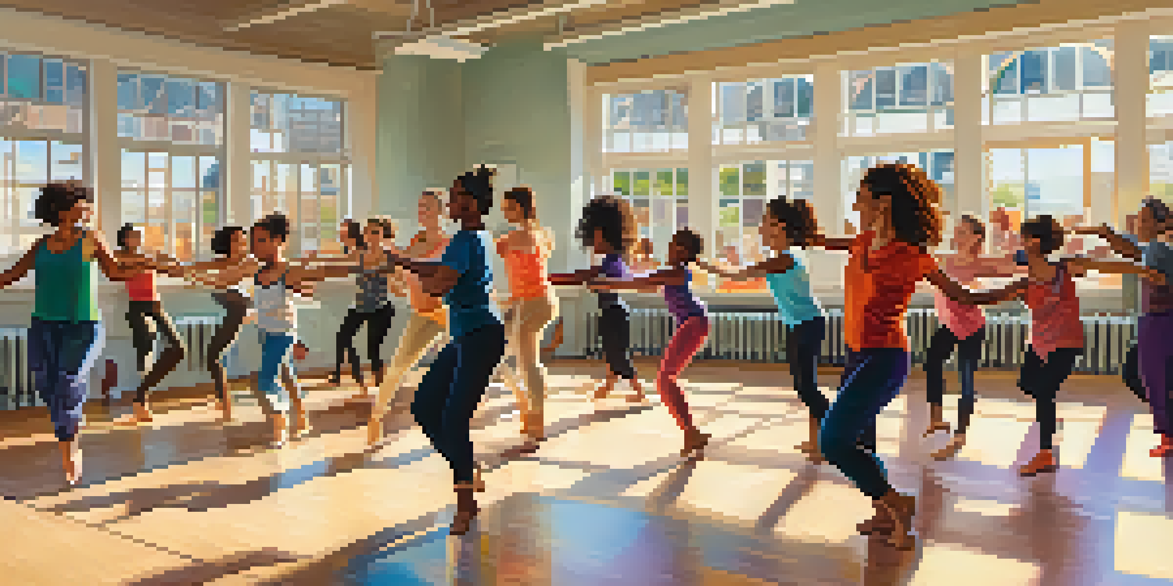 A diverse group of people dancing together in a bright studio with colorful artwork on the walls, emphasizing joy and inclusion.