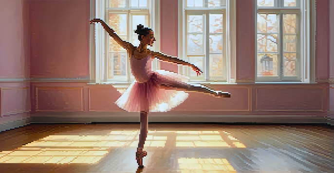A young dancer performing a joyful leap in a sunlit ballet studio, wearing a vibrant pink and gold costume with large windows in the background.