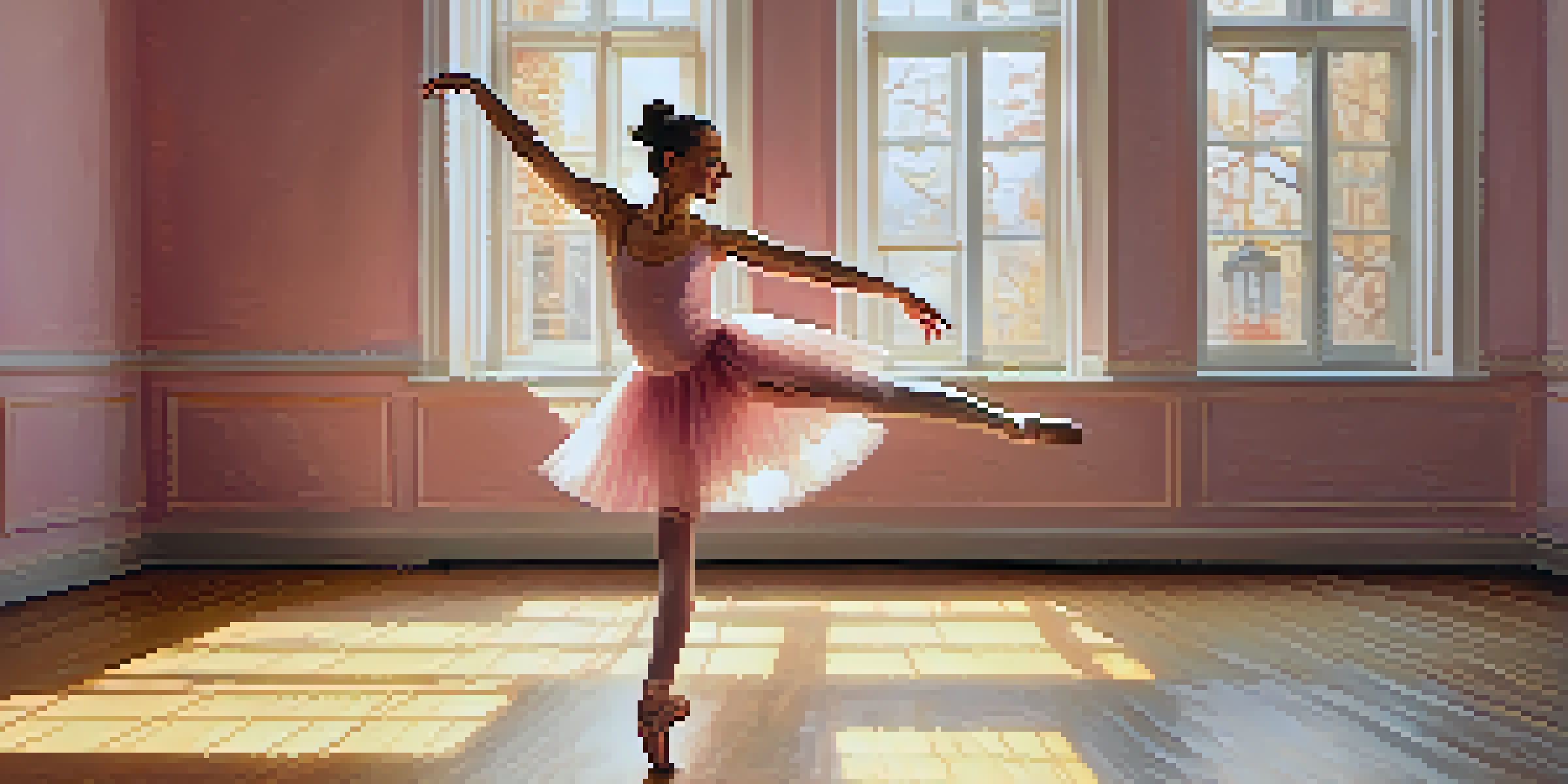 A young dancer performing a joyful leap in a sunlit ballet studio, wearing a vibrant pink and gold costume with large windows in the background.